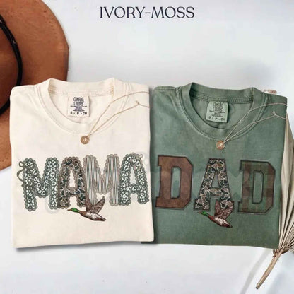 Comfort Colors® Mom And Dad Camo Shirts – New Parent Matching Graphic Tees, Retro Mama & Dada Pregnancy Announcement Gift Set-Pasimax