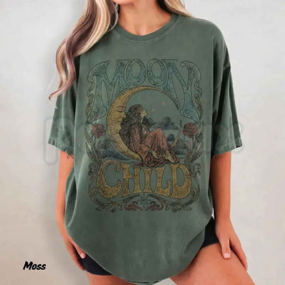 Comfort Colors® Moon Child T-Shirt – Celestial Boho Graphic Tee, Vintage Psychedelic Moon Unisex Top & Gift-Pasimax