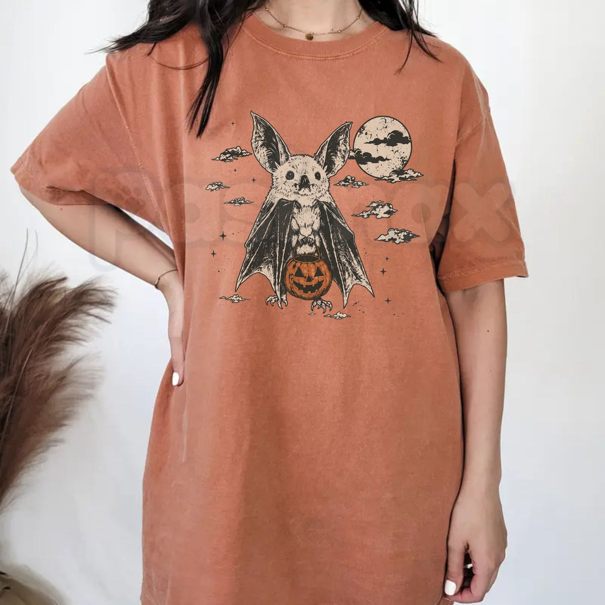 Comfort Colors® Moonlit Bat Pumpkin Halloween T-Shirt – 90's Retro Spooky Season Graphic Tee, Vintage Autumn Unisex Top & Gift-Pasimax