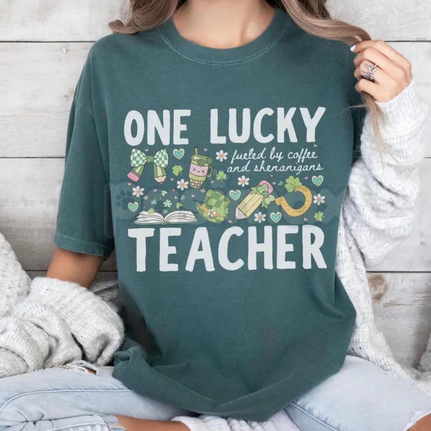 Comfort Colors® One Lucky Teacher St. Patrick's Day T-Shirt – "Fueled By Coffee and Shenanigans" Tee, Retro Shamrock Teacher Shirt, Lucky Educator Graphic Top-Pasimax