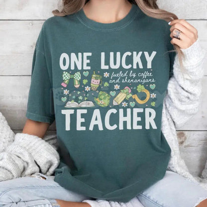 Comfort Colors® One Lucky Teacher St. Patrick's Day T-Shirt – "Fueled By Coffee and Shenanigans" Tee, Retro Shamrock Teacher Shirt, Lucky Educator Graphic Top-Pasimax