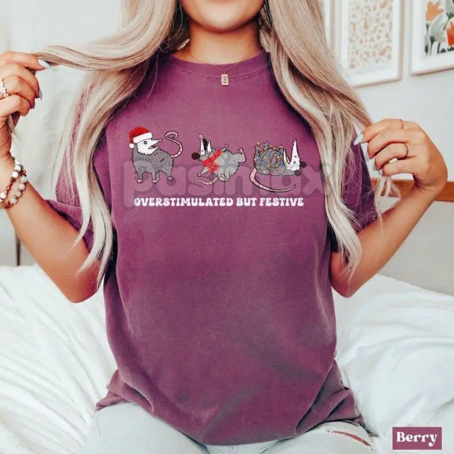 Comfort Colors® 'Overstimulated But Festive' Possum Christmas Shirt – Funny Holiday Possum Tee, Vintage Christmas Shirt-Pasimax