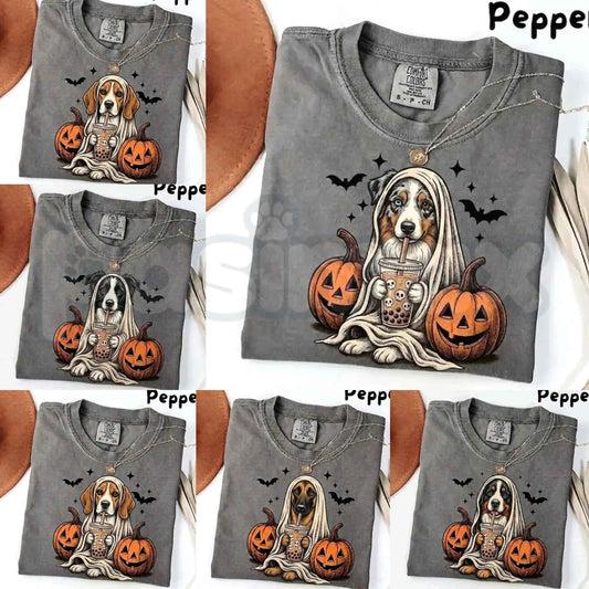 Comfort Colors® Pepper Dog Ghost & Boba Tea Halloween T-Shirt – Custom Dog Breeds Spooky Season Graphic Tee, Vintage Pet Lover Unisex Top-Pasimax