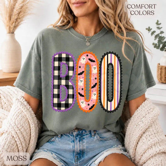 Comfort Colors® Preppy Boo Halloween T-Shirt – Gingham Ghost Graphic Tee, Cute Spooky Season Unisex Top & Fall Gift For Her-Pasimax