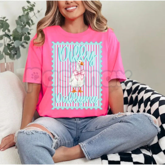 Comfort Colors® Preppy Dilly Dally Goose T-Shirt – Coquette Bow Goose Graphic Tee, Retro Striped Bow Stamp Shirt, Funny Preppy Aesthetic Gift for Her-Pasimax