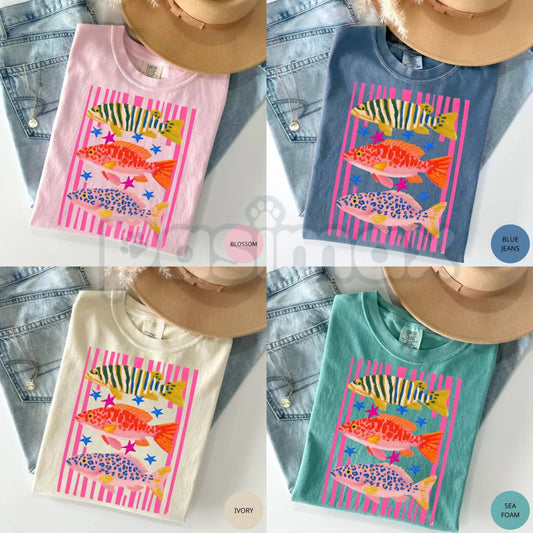 Comfort Colors® Preppy Fish T-Shirt – Colorful Maximalist Female Fishing Shirt, Aesthetic Sublimation Style Graphic Tee, Trendy Angler Gift for Her-Pasimax
