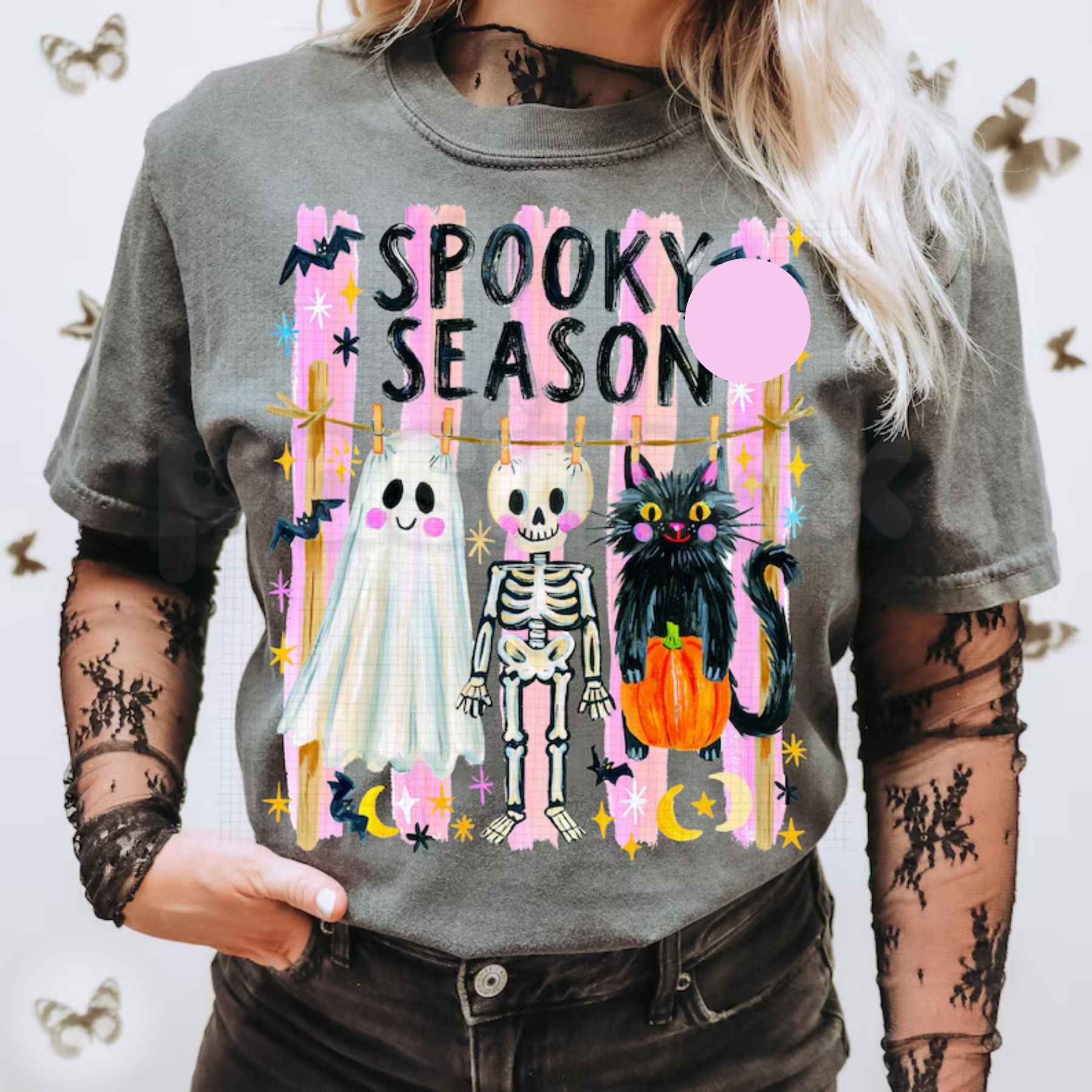Comfort Colors® Preppy Spooky Season T-Shirt – Coquette Skeleton, Black Cat & Ghost Graphic Tee, Cute Halloween Fall Unisex Top-Pasimax