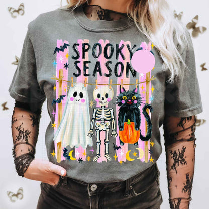 Comfort Colors® Preppy Spooky Season T-Shirt – Coquette Skeleton, Black Cat & Ghost Graphic Tee, Cute Halloween Fall Unisex Top-Pasimax