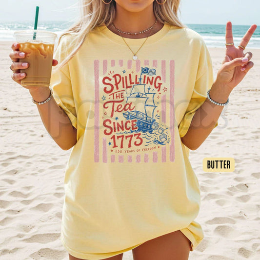 Comfort Colors® Preppy Striped "Spilling The Tea Since 1773" T-Shirt – Funny 4th of July Bow Tee, Cute Boston Tea Party Graphic Shirt, Trendy Patriotic USA Shirt-Pasimax