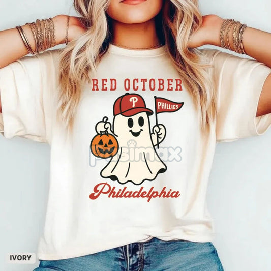 Comfort Colors® 'Red October' Halloween Ghost T-Shirt – Spooky Baseball Philadelphia Tee, Phillies Fan Outfit, Vintage Halloween Shirt-Pasimax