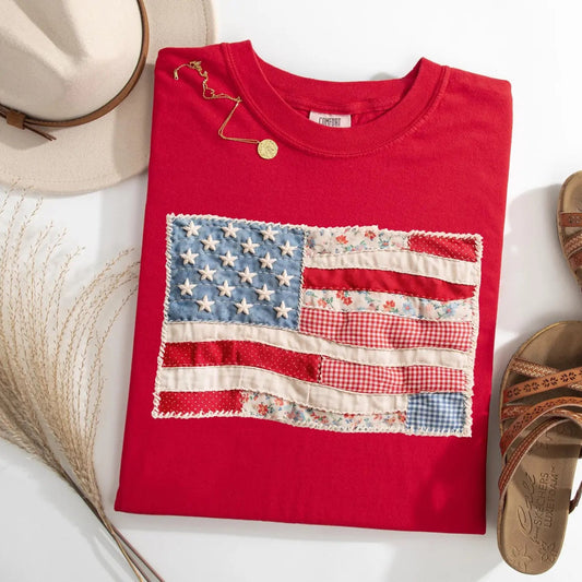 Comfort Colors® Retro American Flag T-Shirt – Faux Patchwork USA Graphic Tee, Vintage Patriotic 4th of July Shirt, Aesthetic Independence Day Top-Pasimax