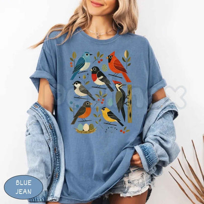 Comfort Colors® Retro Backyard Birds T-Shirt – Cardinal Bluebird Robin Woodpecker Graphic Tee, Mid Century Modern Nature Lover Unisex Top & Gift-Pasimax
