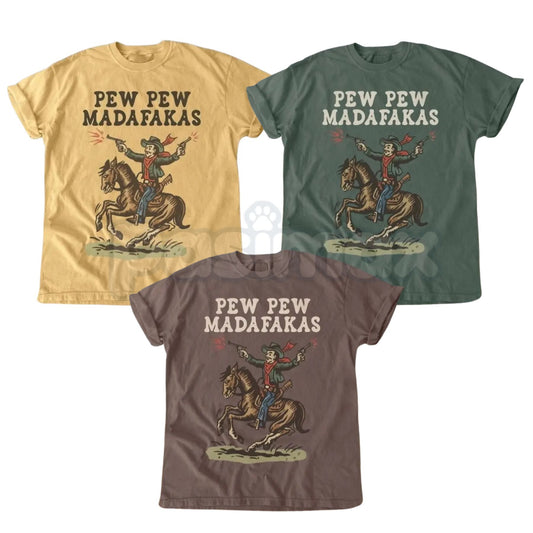 Comfort Colors® Retro Cowboy "Pew Pew Madafakas" T-Shirt – Funny Sarcastic Western Graphic Tee, Vintage Rodeo Aesthetic Shirt, Trendy Cowboy Gift-Pasimax