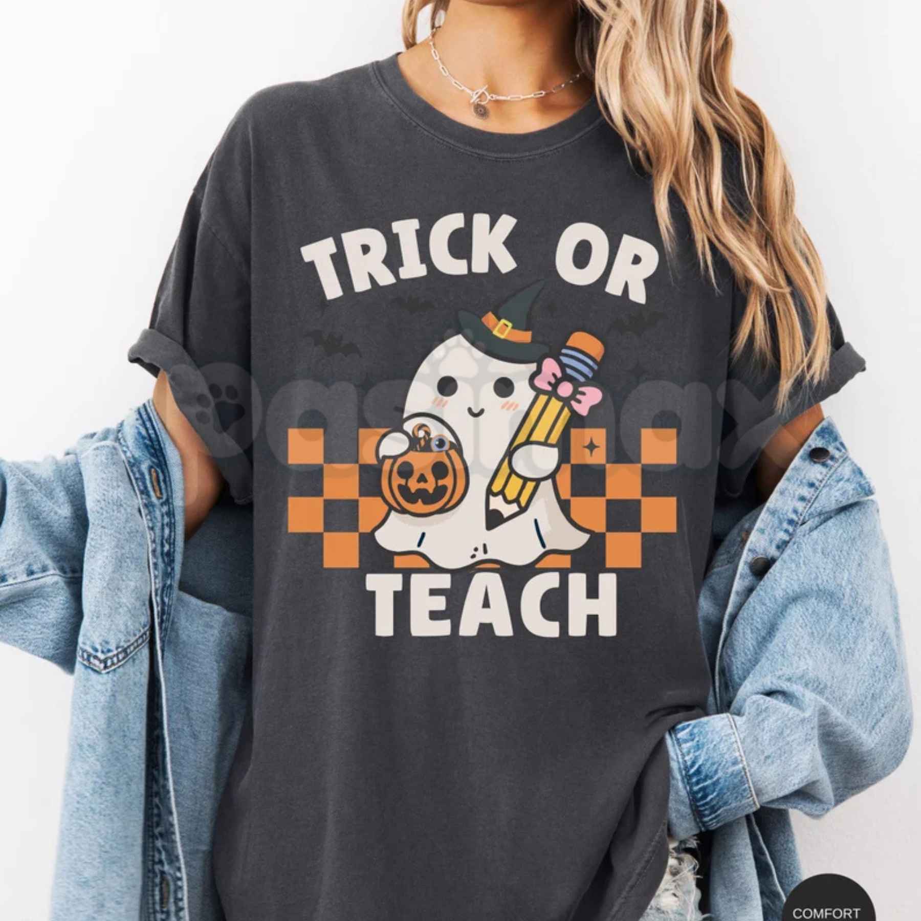 Comfort Colors® Retro Ghost Teacher Halloween T-Shirt – "Trick or Teach" Spooky Season Graphic Tee, Elementary Educator Unisex Top-Pasimax