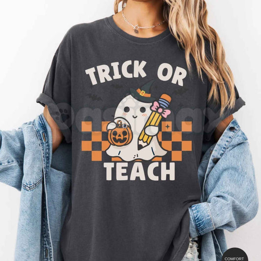 Comfort Colors® Retro Ghost Teacher Halloween T-Shirt – "Trick or Teach" Spooky Season Graphic Tee, Elementary Educator Unisex Top-Pasimax