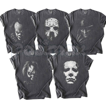 Comfort Colors® Retro Horror Movie Characters T-Shirt – Vintage Scary Movie Icons Halloween Graphic Tee, Spooky Slasher Unisex Top-Pasimax