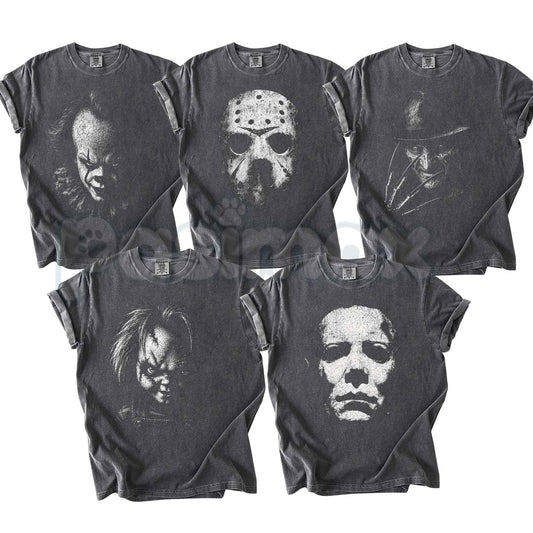 Comfort Colors® Retro Horror Movie Characters T-Shirt – Vintage Scary Movie Icons Halloween Graphic Tee, Spooky Slasher Unisex Top-Pasimax