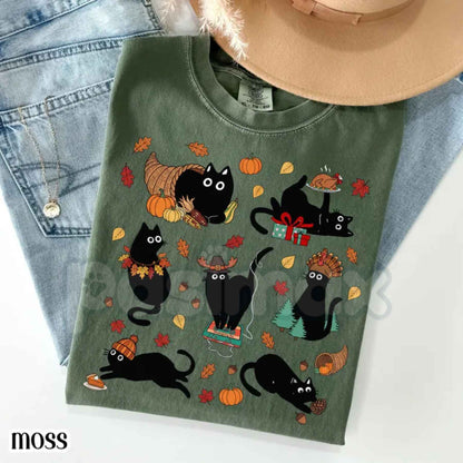 Comfort Colors® Retro Thanksgiving Black Cat T-Shirt – Vintage Cozy Season Graphic Tee, Cute Kitty Autumn Unisex Top-Pasimax
