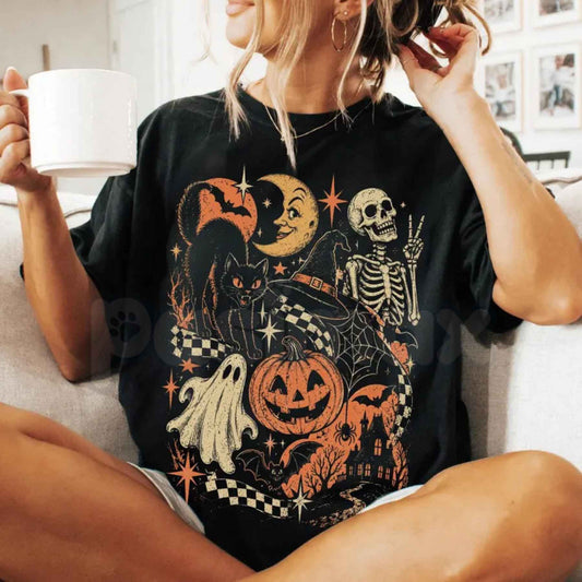 Comfort Colors® Retro Y2K Halloween T-Shirt – Vintage Black Cat Ghost & Skeleton Graphic Tee, Spooky Cute Pumpkin Unisex Top & Gift-Pasimax