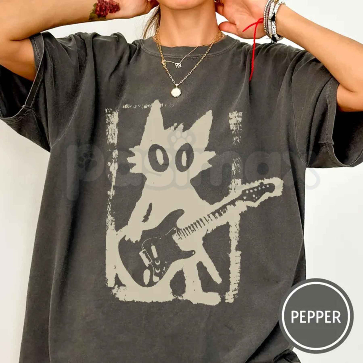Comfort Colors® Rock Star Cat T-Shirt – Vintage Y2K Kitten Electric Guitar Graphic Tee, Grunge Punk Music Lover Unisex Top-Pasimax