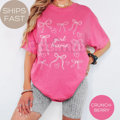 Comfort Colors® Script Girl Mama Heart T-Shirt – Retro Minimalist Bow Tee, Dainty Ribbon Motherhood Shirt, Aesthetic Gift for Girl Mom-Pasimax
