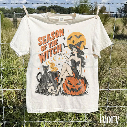 Comfort Colors® Season Of The Witch T-Shirt – Pin Up Witch Graphic Tee, Vintage Retro Halloween Unisex Top & Spooky Season Gift-Pasimax