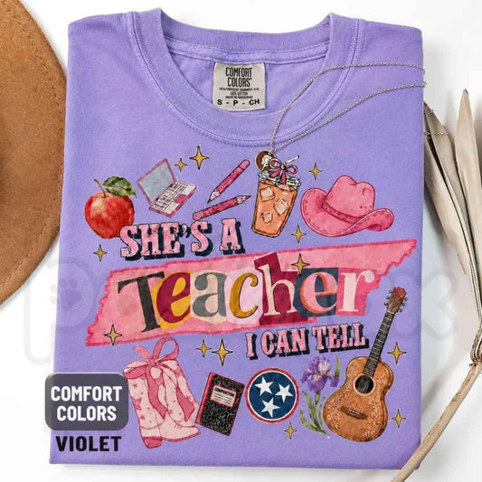 Comfort Colors® "She's A Teacher, I Can Tell" T-Shirt – Retro Aesthetic Funny Teacher Graphic Tee, Cute Back to School Gift, Whimsical Educator Unisex Top-Pasimax