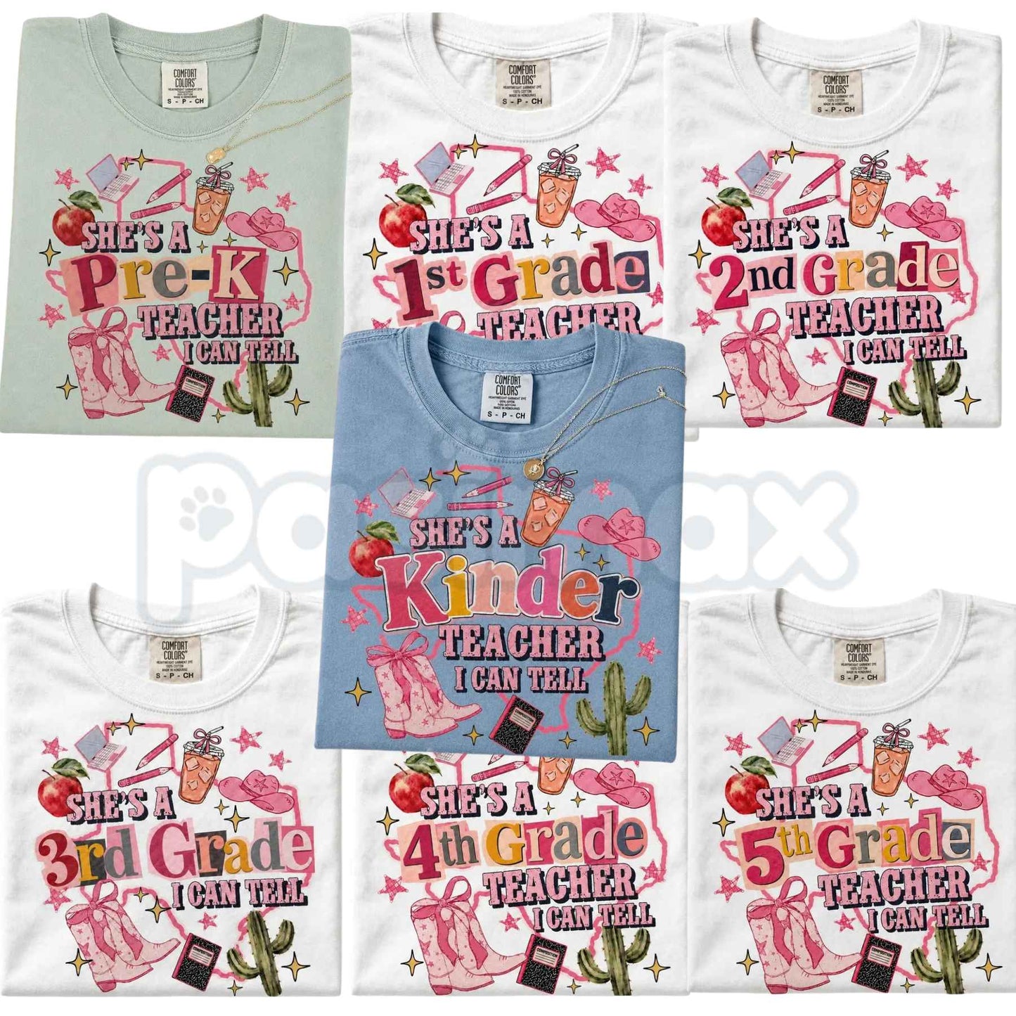 Comfort Colors® "She's A Teacher, I Can Tell" & "Teacher Ellas Fellas" Graphic T-Shirts – Retro Funny Educator Tees, Cute Back-to-School Teacher Gift Bundle, Whimsical Classroom Spirit Unisex Tops-Pasimax