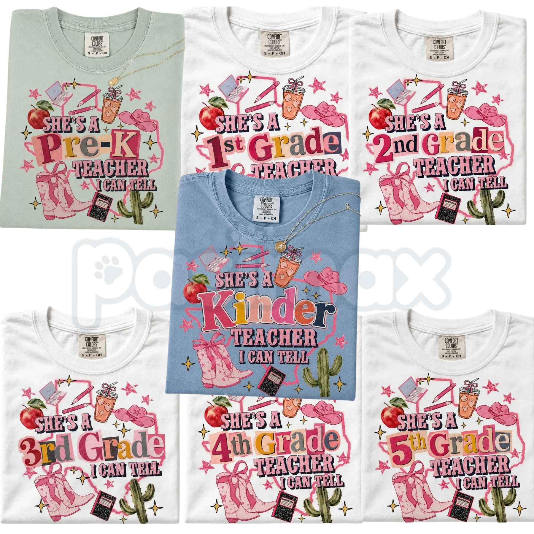 Comfort Colors® "She's A Teacher, I Can Tell" & "Teacher Ellas Fellas" Graphic T-Shirts – Retro Funny Educator Tees, Cute Back-to-School Teacher Gift Bundle, Whimsical Classroom Spirit Unisex Tops-Pasimax