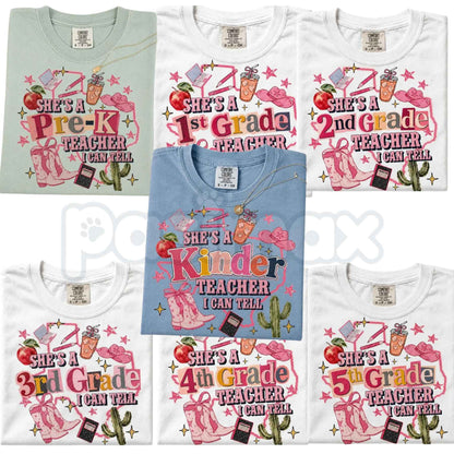Comfort Colors® "She's A Teacher, I Can Tell" & "Teacher Ellas Fellas" Graphic T-Shirts – Retro Funny Educator Tees, Cute Back-to-School Teacher Gift Bundle, Whimsical Classroom Spirit Unisex Tops-Pasimax