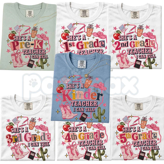 Comfort Colors® "She's A Teacher, I Can Tell" & "Teacher Ellas Fellas" Graphic T-Shirts – Retro Funny Educator Tees, Cute Back-to-School Teacher Gift Bundle, Whimsical Classroom Spirit Unisex Tops-Pasimax