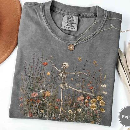Comfort Colors® Skeleton Dancing Arabesque Wildflower Botanical T-Shirt – Cottagecore Nature Lover Illustrative Graphic Unisex Top-Pasimax