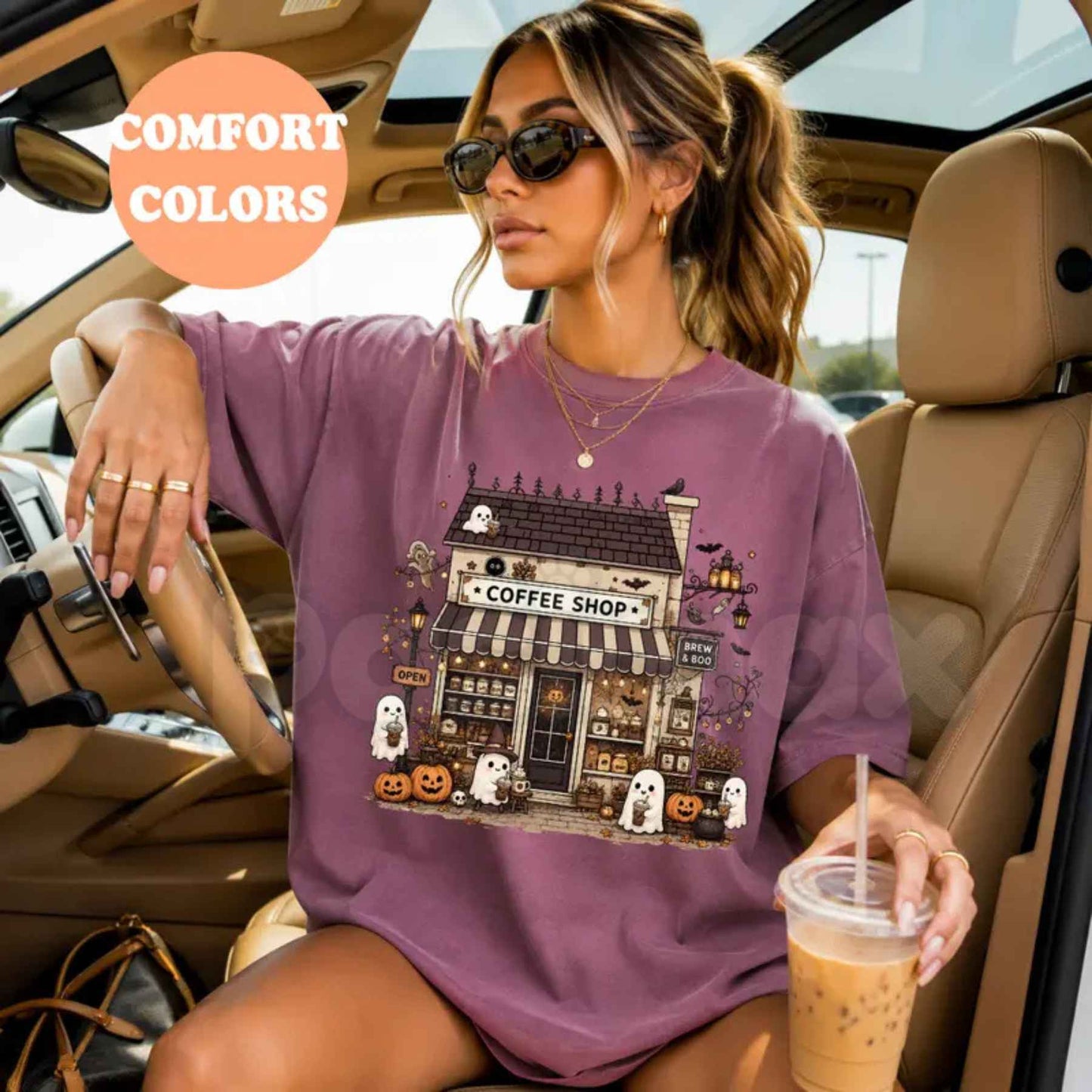 Comfort Colors® Spooky Coffee Shop T-Shirt – Halloween Coffee Lover Graphic Tee, Vintage Ghost Cafe Unisex Top-Pasimax