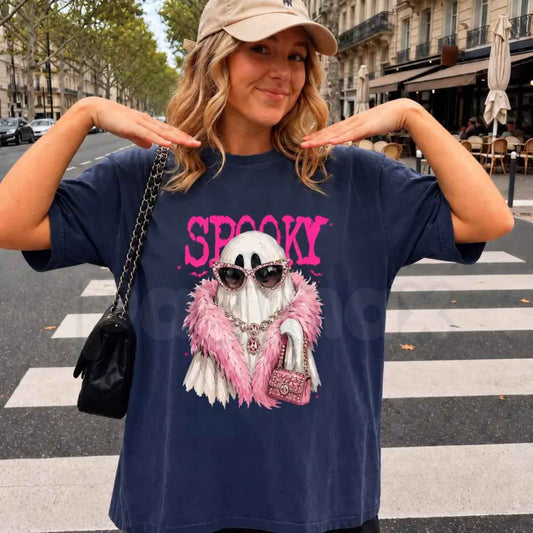Comfort Colors® "Spooky Ghost with Boa" T-Shirt – Trendy Halloween Graphic Tee, Retro Aesthetic Glamour Ghost Unisex Top, Cute Spooky Season Apparel-Pasimax