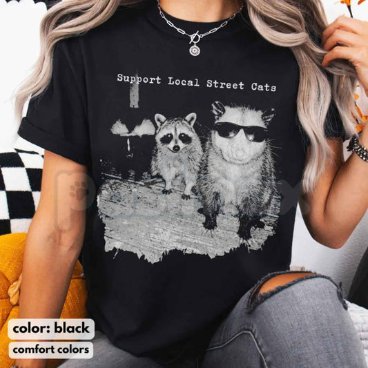 Comfort Colors® Support Local Street Cats T-Shirt – Funny Raccoon & Opossum Graphic Tee, Retro Animal Lover Meme Unisex Top-Pasimax