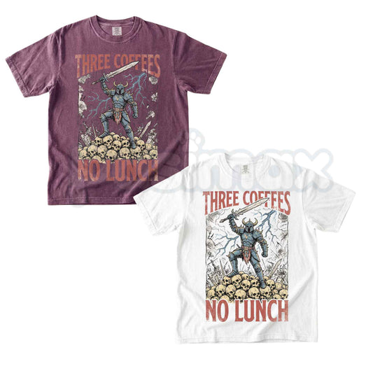 Comfort Colors® "Three Coffees No Lunch" T-Shirt – Funny Caffeine Dark Humor Graphic Tee, Sarcastic Work Unisex Top-Pasimax