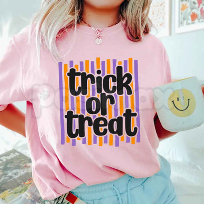 Comfort Colors® Trick or Treat Preppy Striped T-Shirt – Retro Pink & Orange Halloween Graphic Tee, Spooky Season Unisex Top & Gift-Pasimax