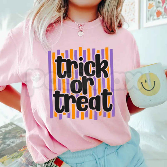 Comfort Colors® Trick or Treat Preppy Striped T-Shirt – Retro Pink & Orange Halloween Graphic Tee, Spooky Season Unisex Top & Gift-Pasimax