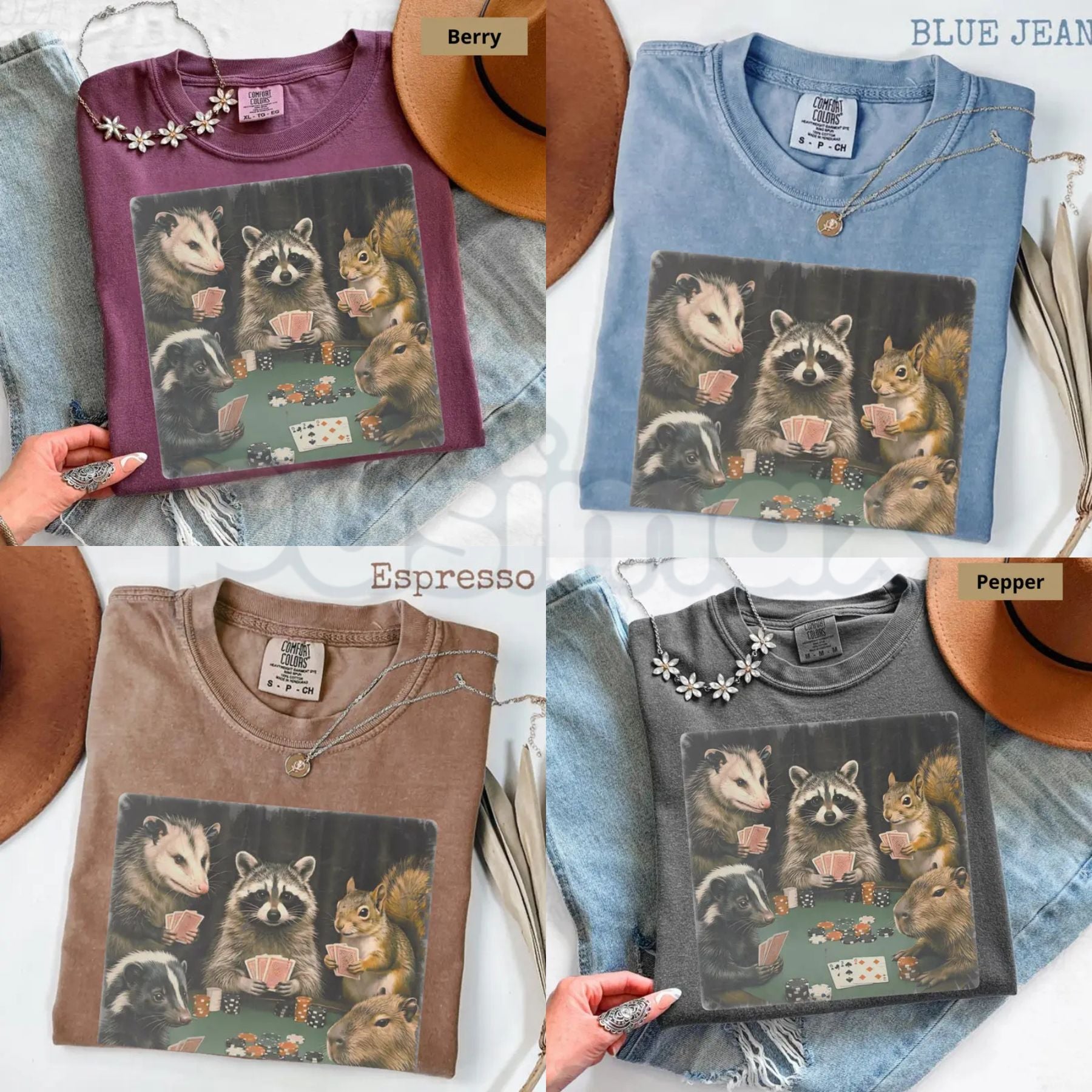 Comfort Colors® Vintage Animals Playing Poker T-Shirt – Funny Surreal Pet Meme Graphic Tee, Retro Corgi Cat Raccoon Card Player Top, Humorous Game Night Gift-Pasimax