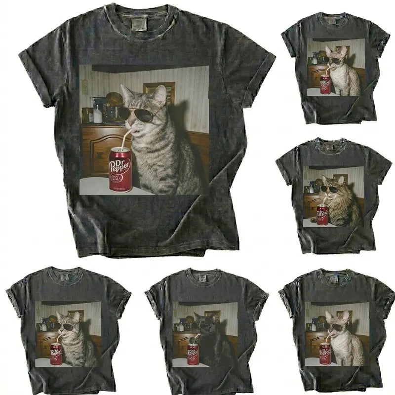 Comfort Colors® Vintage Cat Breeds Drinking Soda T-Shirt – Retro 90s Funny Edgy Cat Meme Graphic Tee, Aesthetic Quirky Animal Lover Unisex Top-Pasimax