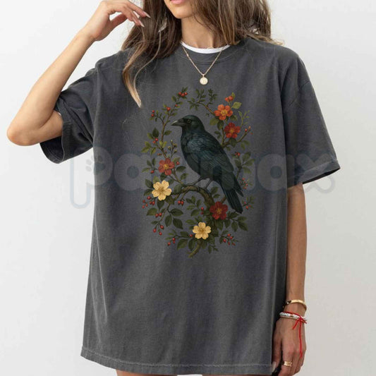 Comfort Colors® Vintage Raven T-Shirt – Gothic Cottagecore Crow & Floral Graphic Top, Witchy Dark Nature Unisex Top & Gift-Pasimax