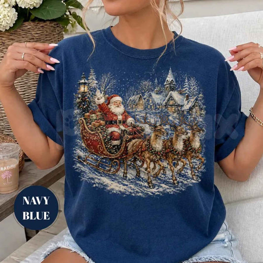Comfort Colors® Vintage Santa Sleigh Christmas T-Shirt – Retro Snowy Village Reindeer Holiday Graphic Tee, Cute Xmas Unisex Top & Gift-Pasimax