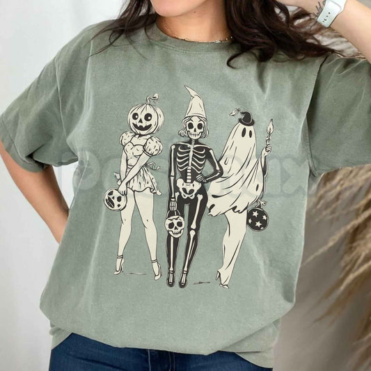 Comfort Colors® Vintage Spooky Girl Squad Halloween T-Shirt – Skeleton Ghost Pumpkin Witchy Fall Graphic Tee, Best Friends Unisex Top-Pasimax