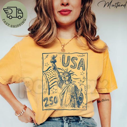 Comfort Colors® Vintage USA 250 Statue of Liberty T-Shirt – Retro 1776-2026 Semiquincentennial Graphic Tee, Patriotic 4th of July American Flag Shirt-Pasimax
