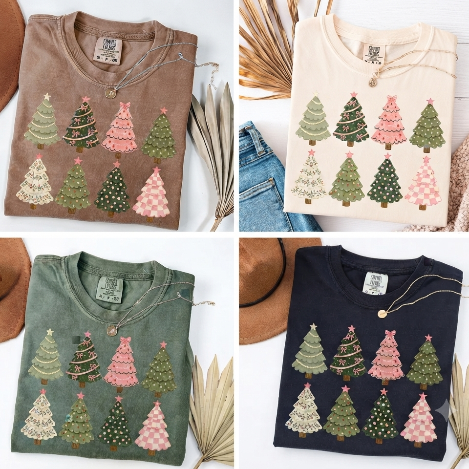 Comfort Colors® Whimsical Christmas Trees T-Shirt – Cute Pink Holiday Graphic Tee, Festive Winter Unisex Top & Gift-Pasimax