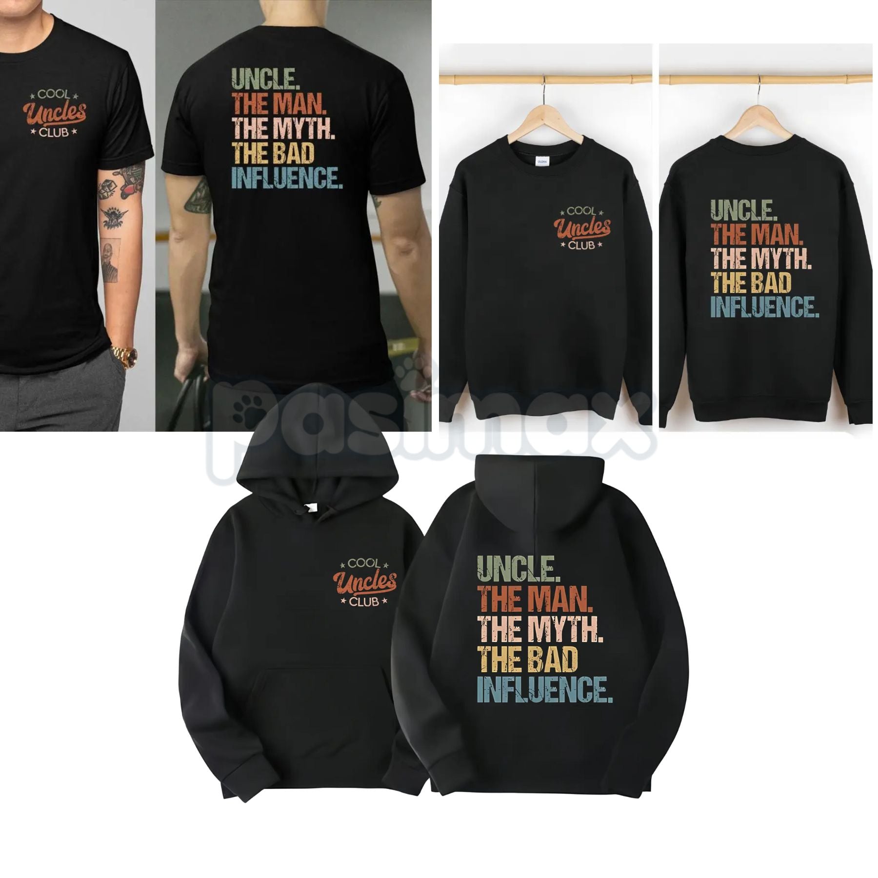 Cool Uncles Club: "The Man Myth Bad Influence" Double Sides Shirt – Funny Graphic Tee, Sweatshirt & Hoodie-Pasimax