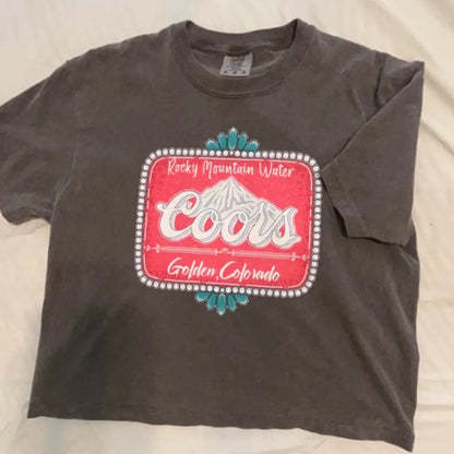 Coors Rocky Mountain Cropped T-Shirt – Vintage Comfort Colors® Style, Beer Graphic Crop Top-Pasimax