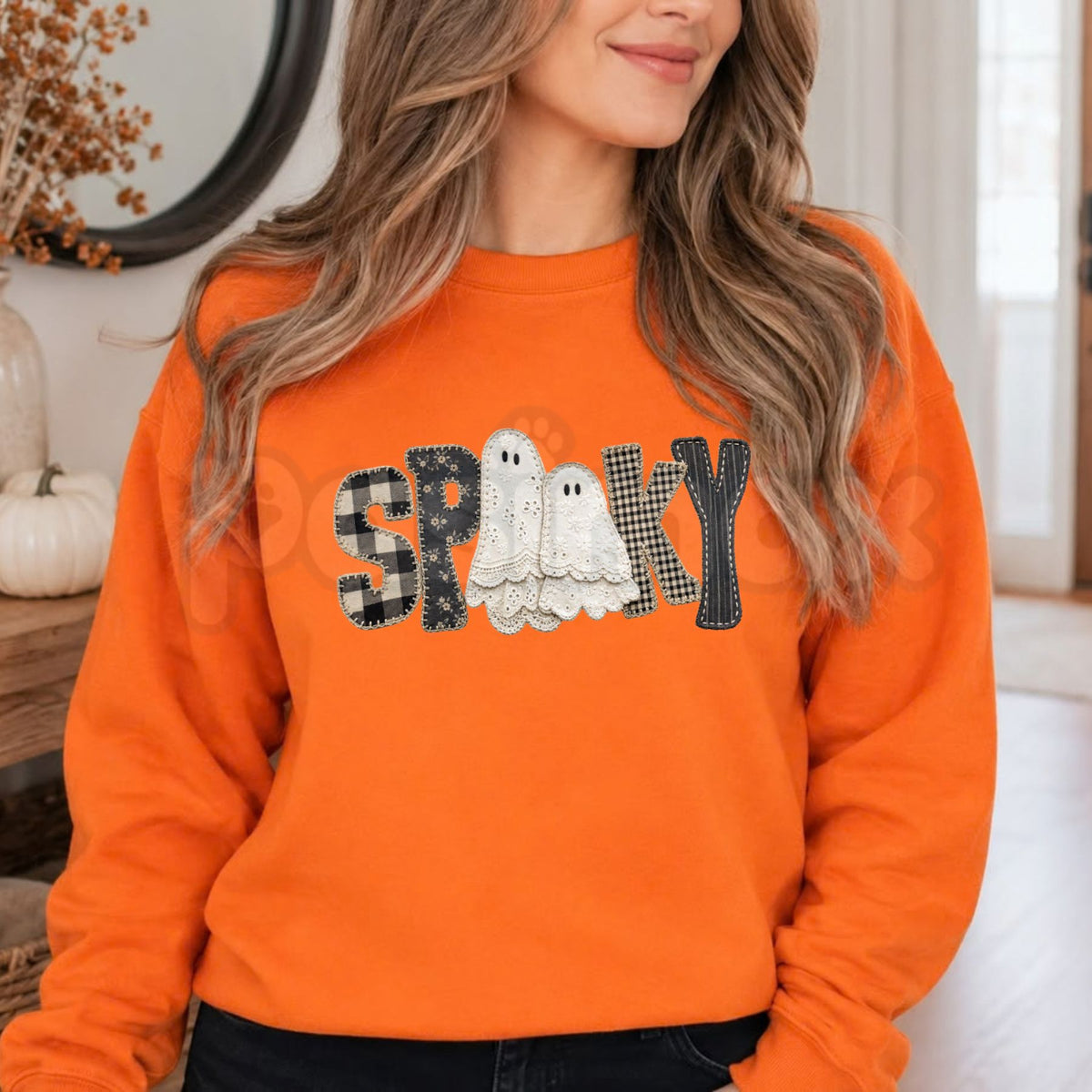Coquette Lace Ghost Sweatshirt | Soft Spooky Bow & Patchwork Graphic Crewneck-Pasimax