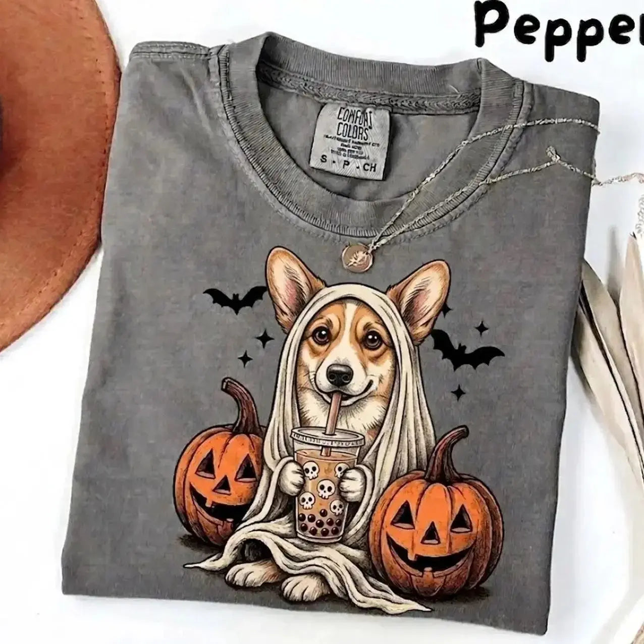 Comfort Colors® Pepper Dog Ghost & Boba Tea Halloween T-Shirt – Custom Dog Breeds Spooky Season Graphic Tee, Vintage Pet Lover Unisex Top