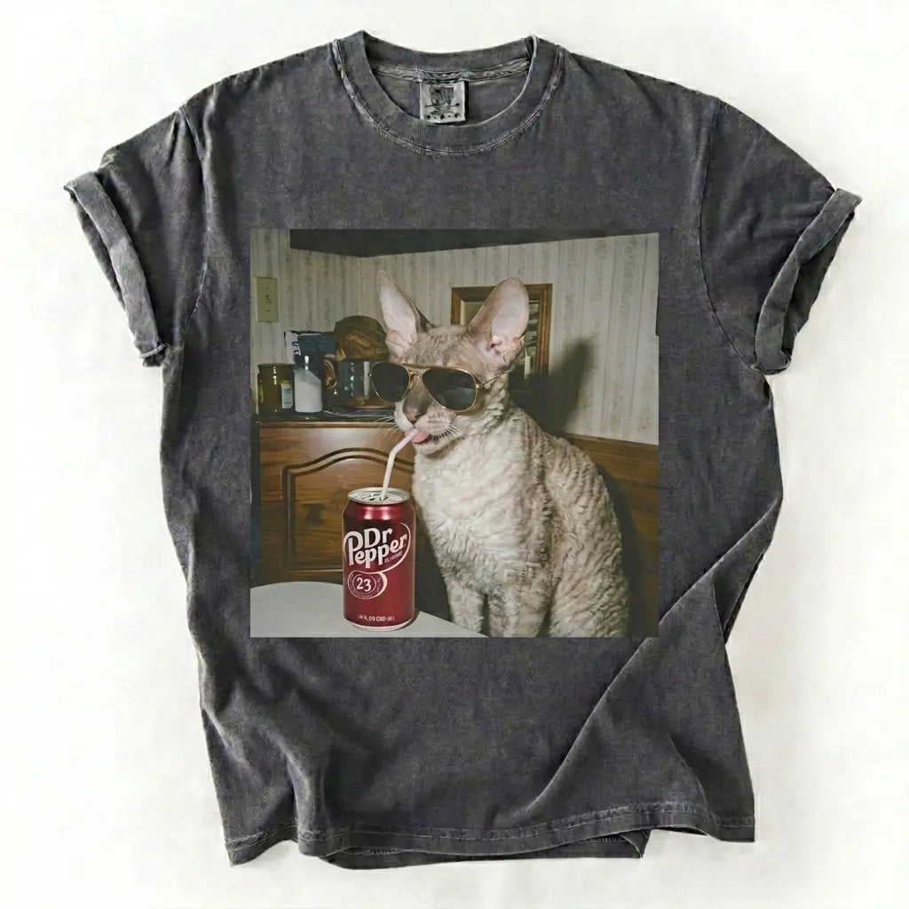 Comfort Colors® Vintage Cat Breeds Drinking Soda T-Shirt – Retro 90s Funny Edgy Cat Meme Graphic Tee, Aesthetic Quirky Animal Lover Unisex Top